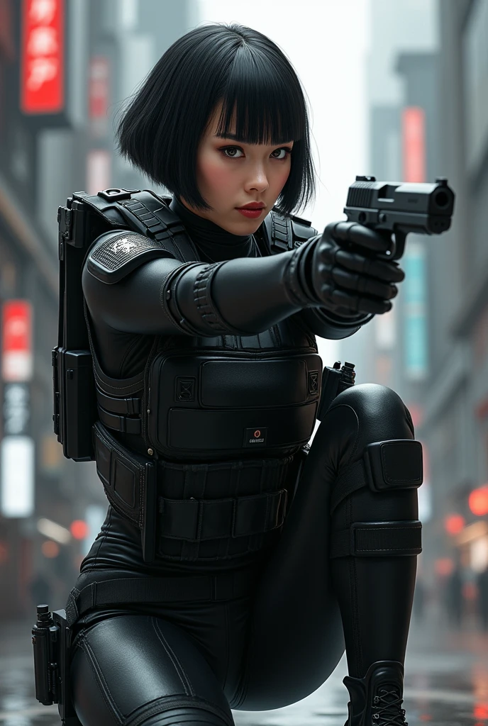 (masterpiece,Distinguished Quality,Mirror-like,Cinematic Experience,insanely detailed,absurdres),8k,wallpaper,,(Best illustrations:2.0),(One Woman:2.0),(Kitana:2.0),(Ghost in the Shell-style worldview:2.0),(Black tactical bodysuit:2.0),(Heavy black bulletproof vest:2.0),(Black gloves:2.0),(Short Bob:2.0),(Beautiful Eyes),(Detailed face),((updo hairstyle)),(Detailed female hand drawing:2.0),(sexy:2.0),(He kneels down and aims a pistol at me.:2.0),(Raise your right knee:2.0),(The background is Tokyo, where science and technology have developed.:2.0),(The background is drawn in monochrome:2.0),(sf:2.0)