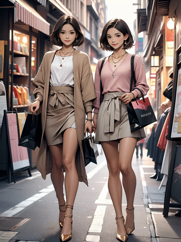 color々なcolor,Realistic skin wrinkles,30 years old,(Small, flat chest:1.5),Makeup,Very detailed, high quality, masterpiece, 2 women, Walking, shopping bags in both hands, Happy expression, (Neat clothes), Mini tight skirt, High heels,(necklace), People in the background々, Department store,Pantyhose ,cardigan,Thin legs,Thin waist,