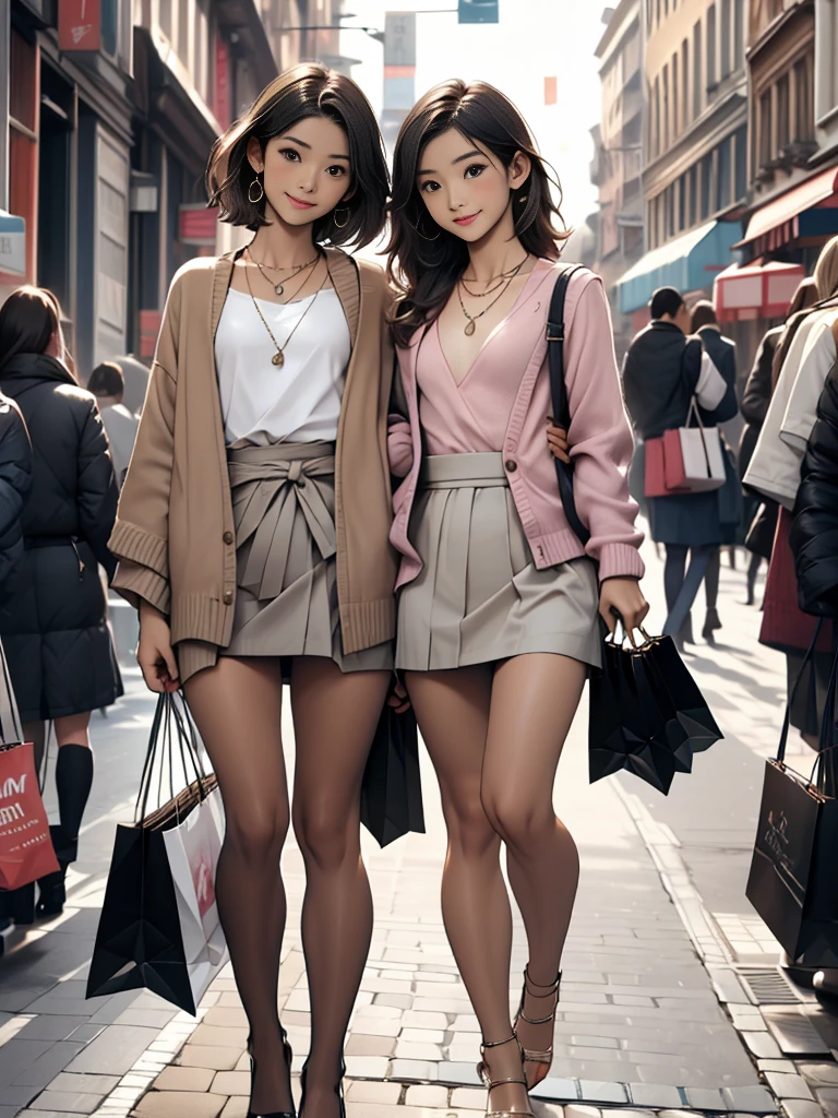 color々なcolor,Realistic skin wrinkles,30 years old,(Small, flat chest:1.5),Makeup,Very detailed, high quality, masterpiece, 2 women, Walking, shopping bags in both hands, Happy expression, (Neat clothes), Mini tight skirt, High heels,(necklace), People in the background々, Department store,Pantyhose ,cardigan,Thin legs,Thin waist,
