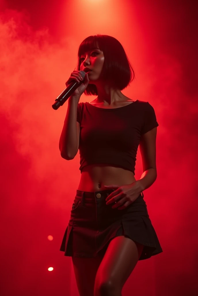 A cleavage big enough to hold a penis、Japanese women、Yui Aragaki、Female vocalist with short bob hair、Wearing a T-shirt、Skirt flip、Solo artist、live house、Lots of stage smoke、Red lighting、Thick eyelashes、Extensions、Smoking、Holding a microphone on stage