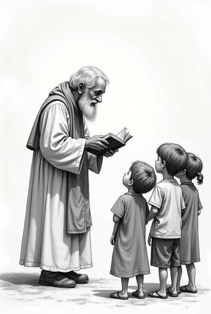 AN IMAGE ILLUSTRATED WITH BLACK AND WHITE PENCIL, FROM AN OLD PRIEST, GRAY-HAIRED AND THIN BUT VERY KIND, SHARING WITH CHILDREN, READING THE BIBLE TO THEM. backwards