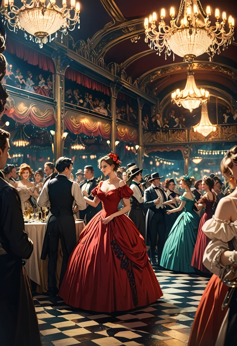 a crowded ballroom in the Moulin Rouge in late 19th century France, multiple women dancing, retro atmosphere, acrylic painting style, dramatic shadows, elegant dresses, chandeliers, ornate decor, lively party scene, dynamic movement, vintage aesthetic, atmospheric lighting, rich colors, intricate details, masterpiece, (best quality,4k,8k,highres,masterpiece:1.2),ultra-detailed,(realistic,photorealistic,photo-realistic:1.37),HDR,UHD,studio lighting,ultra-fine painting,sharp focus,physically-based rendering,extreme detail description,professional,vivid colors,bokeh,historical,intricate,cinematic,dramatic