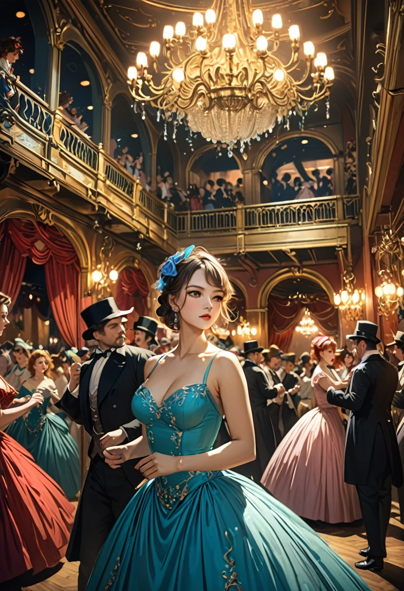 a crowded ballroom in the Moulin Rouge in late 19th century France, multiple women dancing, retro atmosphere, acrylic painting style, dramatic shadows, elegant dresses, chandeliers, ornate decor, lively party scene, dynamic movement, vintage aesthetic, atmospheric lighting, rich colors, intricate details, masterpiece, (best quality,4k,8k,highres,masterpiece:1.2),ultra-detailed,(realistic,photorealistic,photo-realistic:1.37),HDR,UHD,studio lighting,ultra-fine painting,sharp focus,physically-based rendering,extreme detail description,professional,vivid colors,bokeh,historical,intricate,cinematic,dramatic