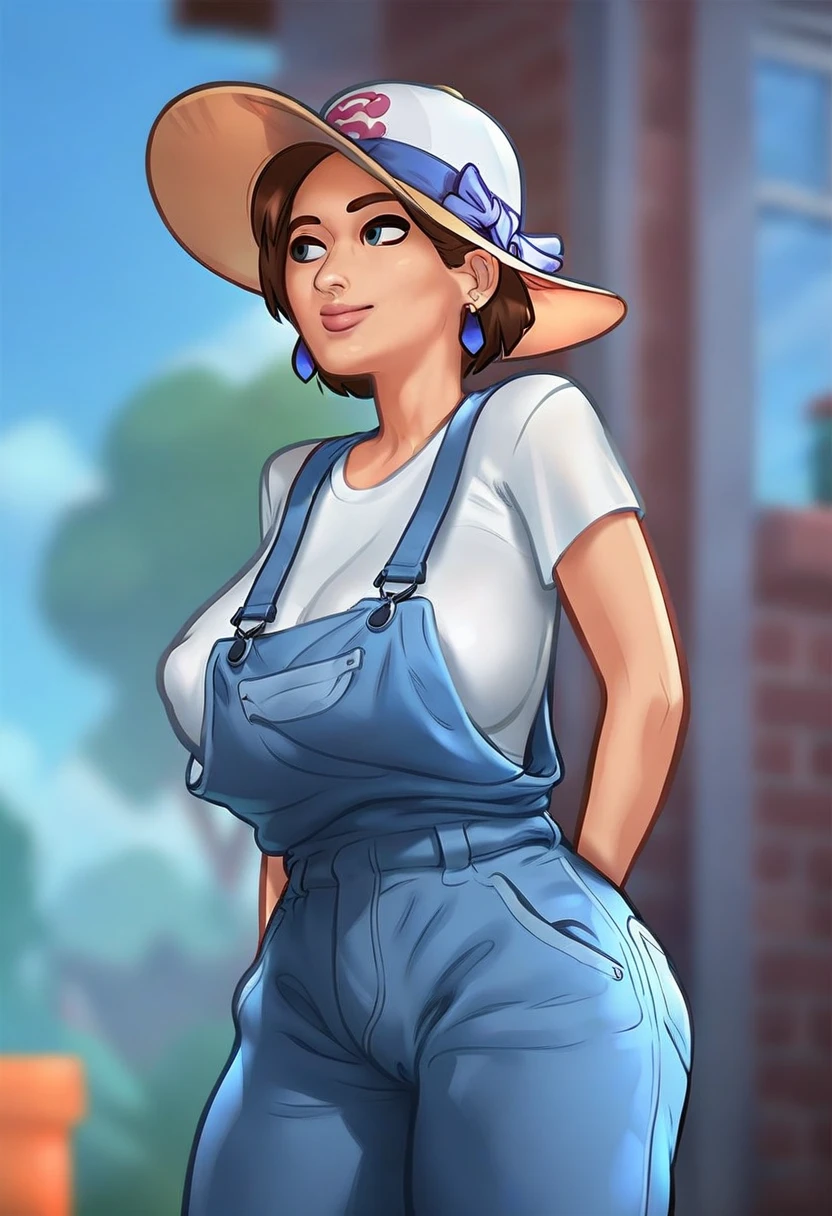 score_9, score_8_up, score_7_up, score_6_up, source_cartoon, rating_explicit, ((Drawn in the style of summertime saga)), Diane, overalls, white t-shirt, hat, standing, outdoors,