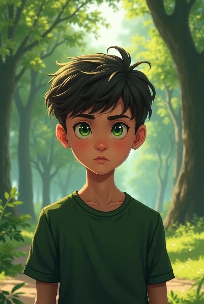 green eyed teenage boy in the park with an intrigued expression