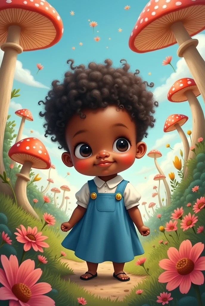 Alice in Wonderland baby with curly black hair and brown skin in cartoon form