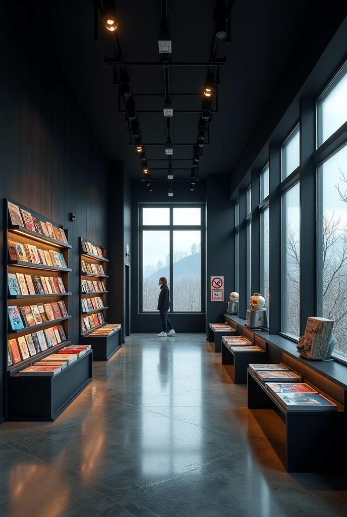 South Korean publishing showcase, sign with the word тоска, magazines books gazettes manhwas, Low lights, wide windows hyper realistic black walls, benches outside, gumball machine at the exit, a sign with a skull stuck to the window, long hallway