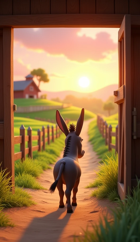 Draw a donkey leaving the stable heading into the field on a farm. The farm should be picturesque and detailed, with green fields and a sunrise sky with soft orange and pink tones, in a 3D animated style.