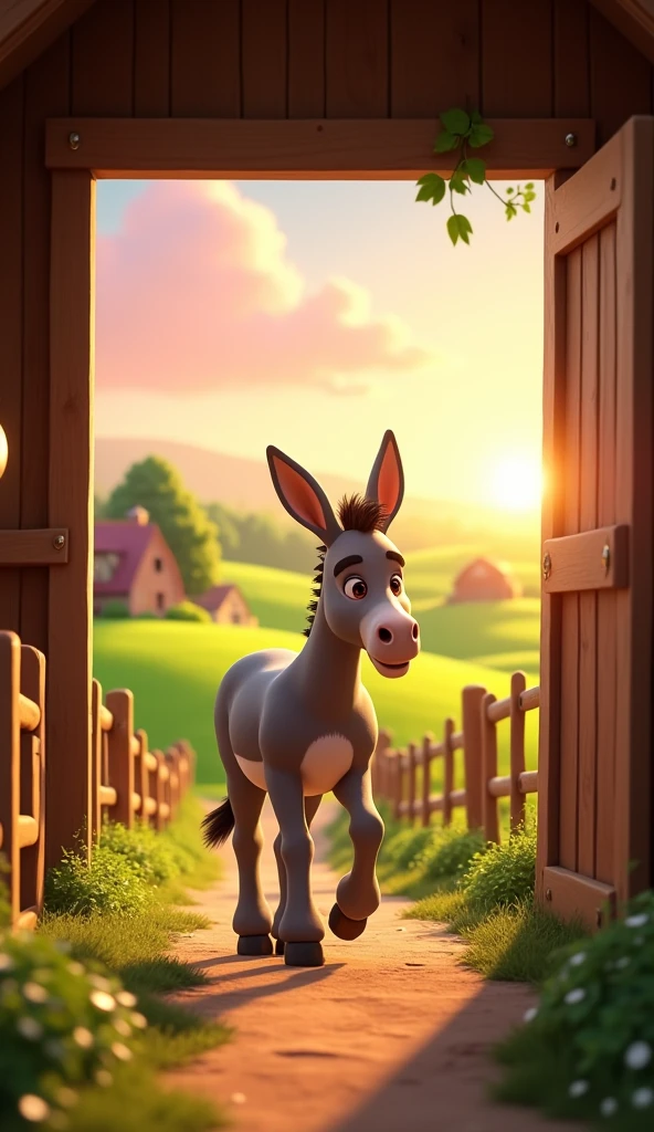 Draw a donkey leaving the stable heading into the field on a farm. The farm should be picturesque and detailed, with green fields and a sunrise sky with soft orange and pink tones, in a 3D animated style.