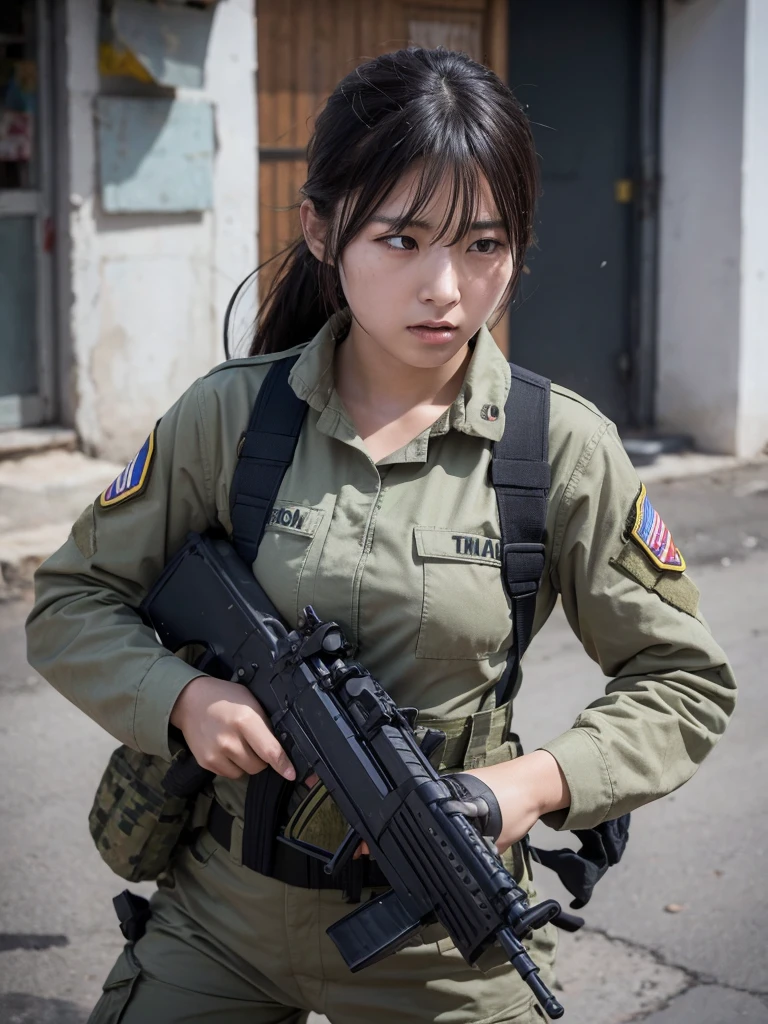 Female soldier with machine gun fighting in a war-torn city,Heavy breathing,abrasion,