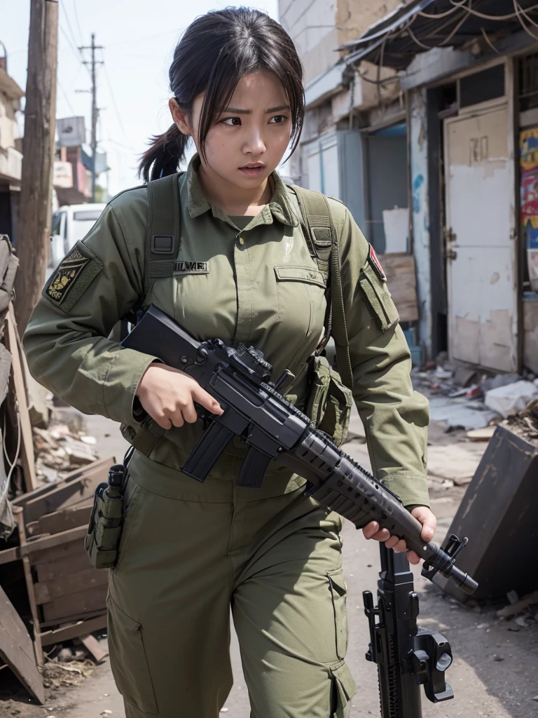 Female soldier with machine gun fighting in a war-torn city,Heavy breathing,abrasion,