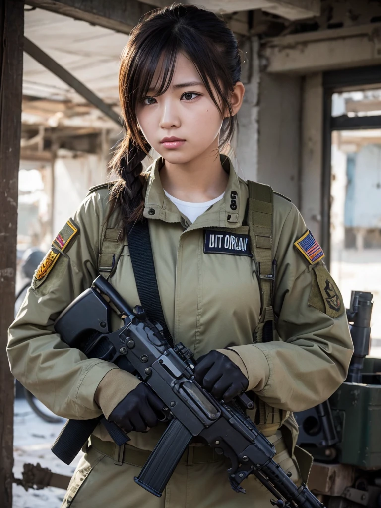 Female soldier with machine gun fighting in a war-torn city,Heavy breathing,abrasion,