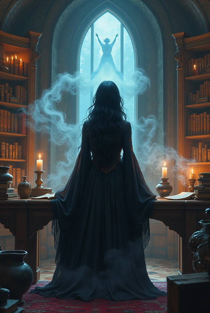 Witch teacher office with black hair and a male istant ghost