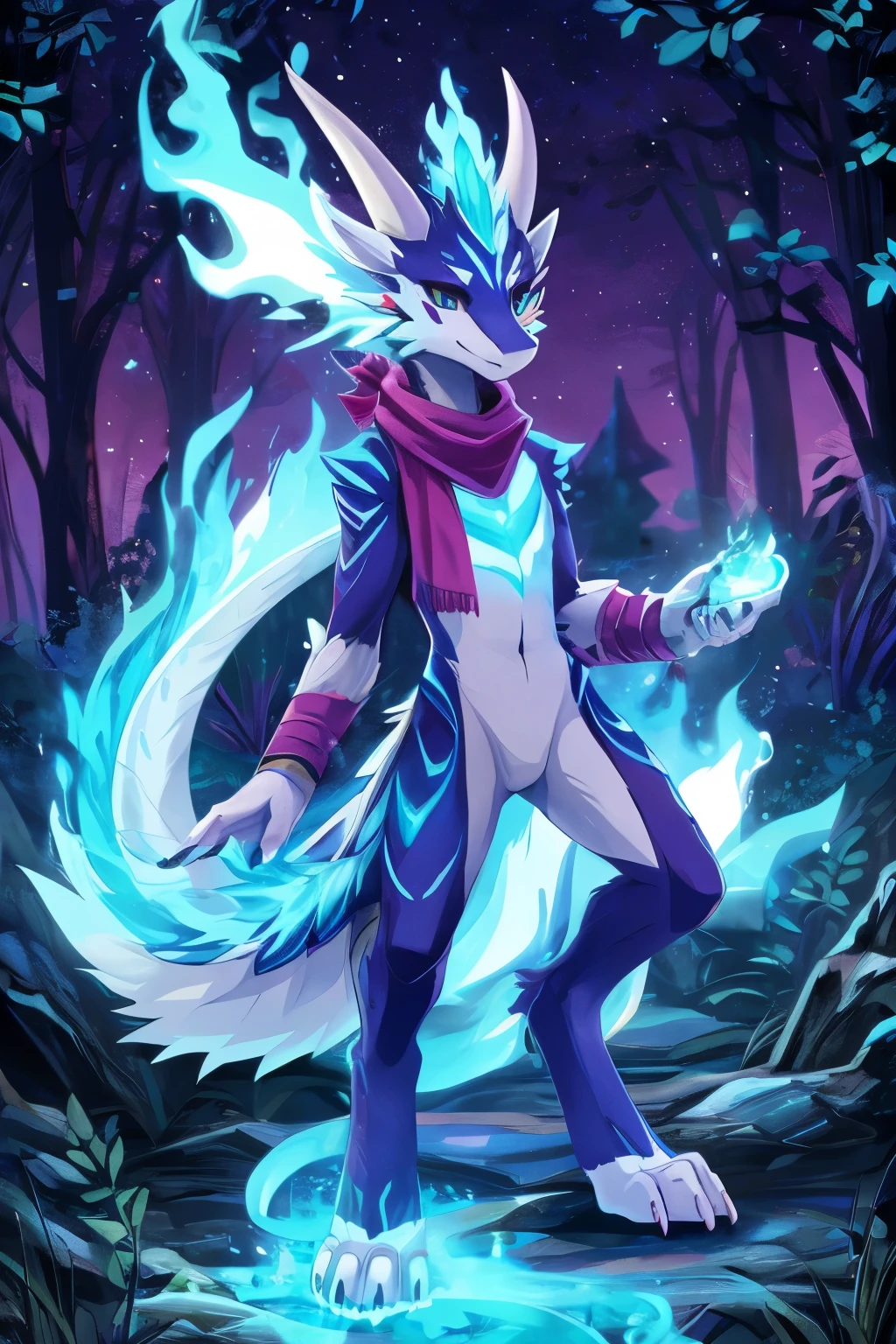 (anime), (front facing), (looking at the camera), slim furry white fire dragon, blue fire magic, secondary body colors, (blue, magenta and cyan undertones), long muzzle, neck and tail fur, digitigrade, creative horns, feathers, (wearing only a scarf), nature background, full body