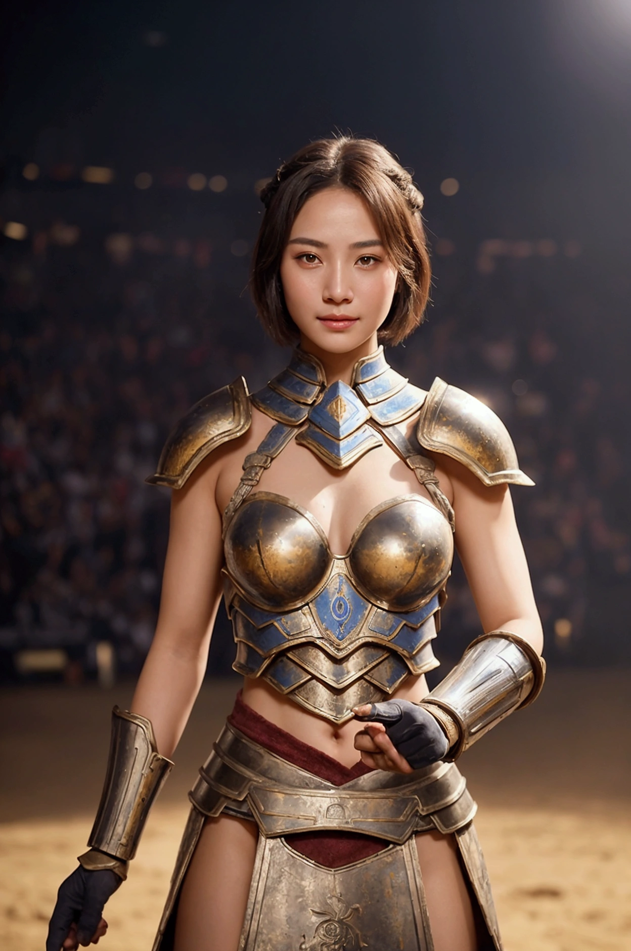 A beautiful girl in the guise of an ancient warrior, adorned with powerful armor, holds a radiant weapon in her hand, creating a strong and captivating image. The scene is set in an arena with a large audience, captured in high-quality photography." Soft smile, short hair