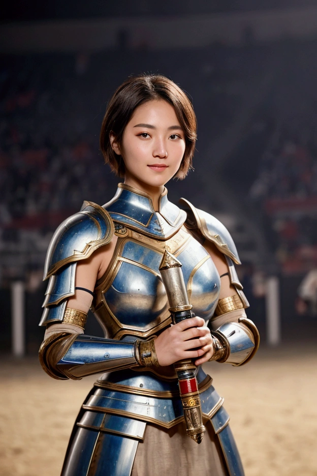 A beautiful girl in the guise of an ancient warrior, adorned with powerful armor, holds a radiant weapon in her hand, creating a strong and captivating image. The scene is set in an arena with a large audience, captured in high-quality photography." Soft smile, short hair