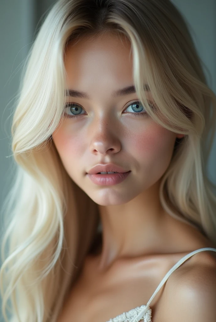Vr porn, (a closeup:1.4)、(RAW shooting:1.2)、(Photorealsitic:1.4)、(masterpiece:1.3)、(top-quality:1.4)、bright expression、extremely beautyful girl、Extraordinary beautiful girl、Detailed cute and beautiful face、Beautiful bangs、Glowing white shiny skin、facial hairs、Bangs that extend to the face、Bangs between the eyes、Super long hair、Attractive light and dark platinum blonde super long straight silky hainer hair、Attractive glowing beautiful bright clear light blue big eyes、Luxurious dresses、Double eyelids、Lush bust、The upper part of the body、