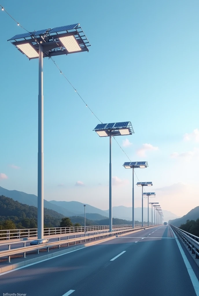 create several lighting poles with photovoltaic panels and LEDs on them on a highway bridge during the day