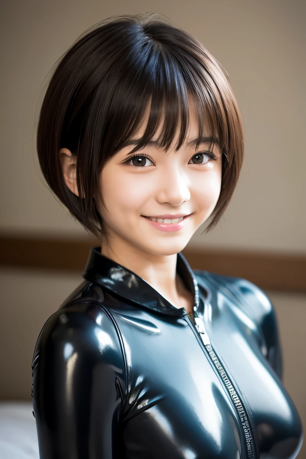 NSFW, 8K, very cute Japanese , short cut hair, rubber suit, smile