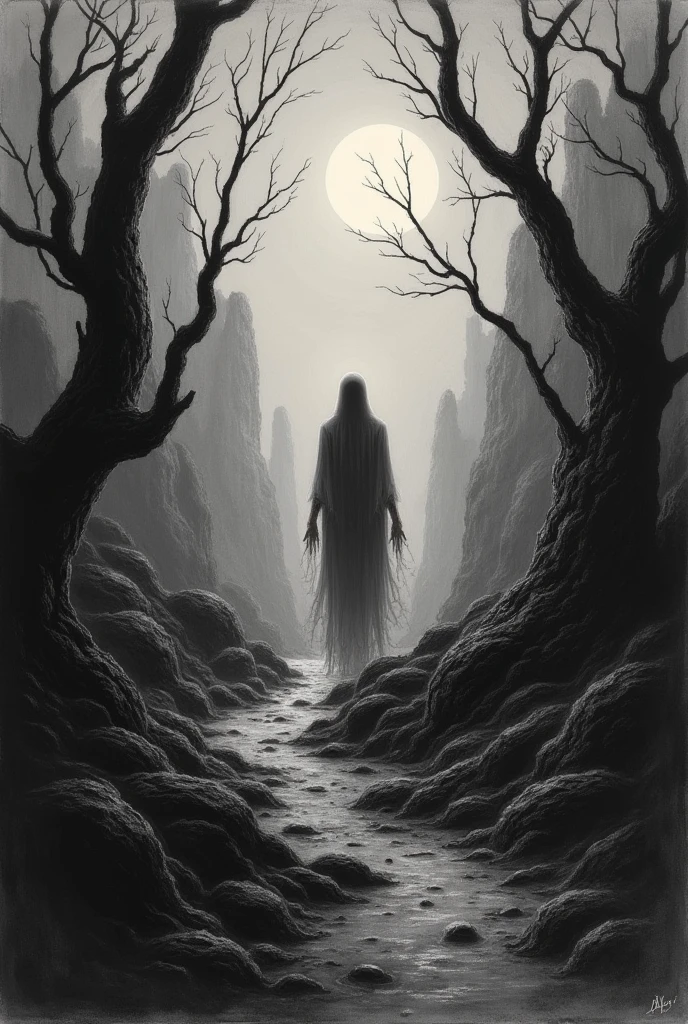 Landcape observation charcoal drawing super easy. Scary, dark, creepy, haunting add ghost