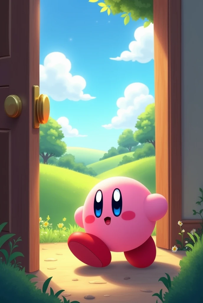 Kirby opening a door to the outside