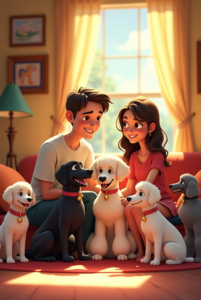 Pixar family cartoon, dad, mother, daughter and son and six dogs, one a black Labrador,1 poddle blanco, 1 poodle gris, 1 mini poodle gris, 1 white poodle with black and another white poodle with a black spot on the eye