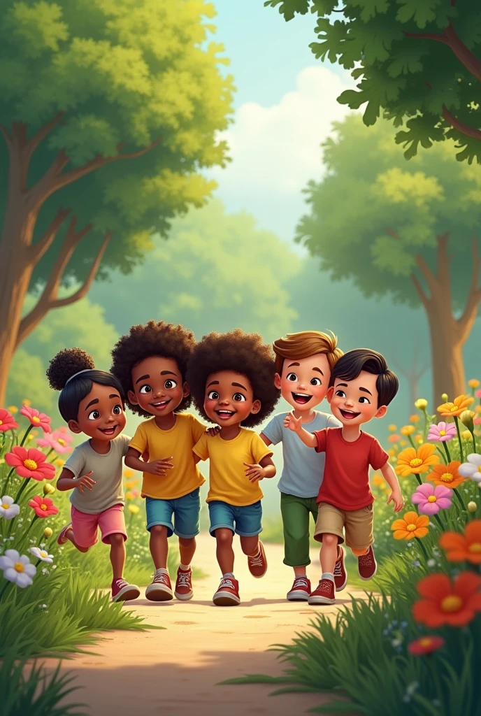 Black children, white and indigenous people playing in a garden with many colorful flowers.