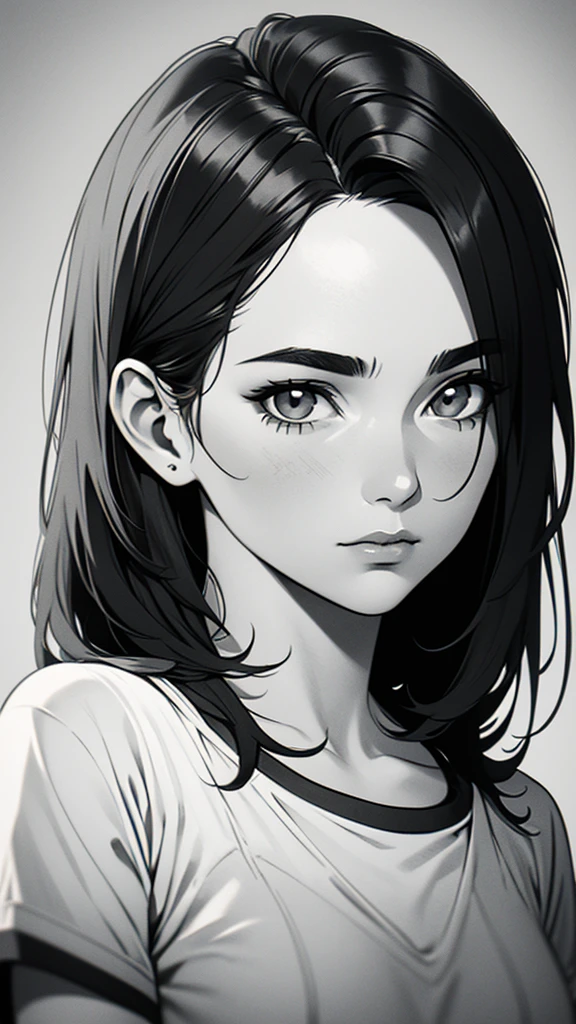1 boyish girl, solo, sharp eyes, monochrome, greyscale, short black hair, portrait, white T-shirt, Thin eyebrows, closed mouth, looking at viewer, graphite \(medium\), detailed lips, hatching \(texture\), without makeup, bangs, upper body, (best illustration), (best quality), (very detailed), (masterpiece), expressionless,