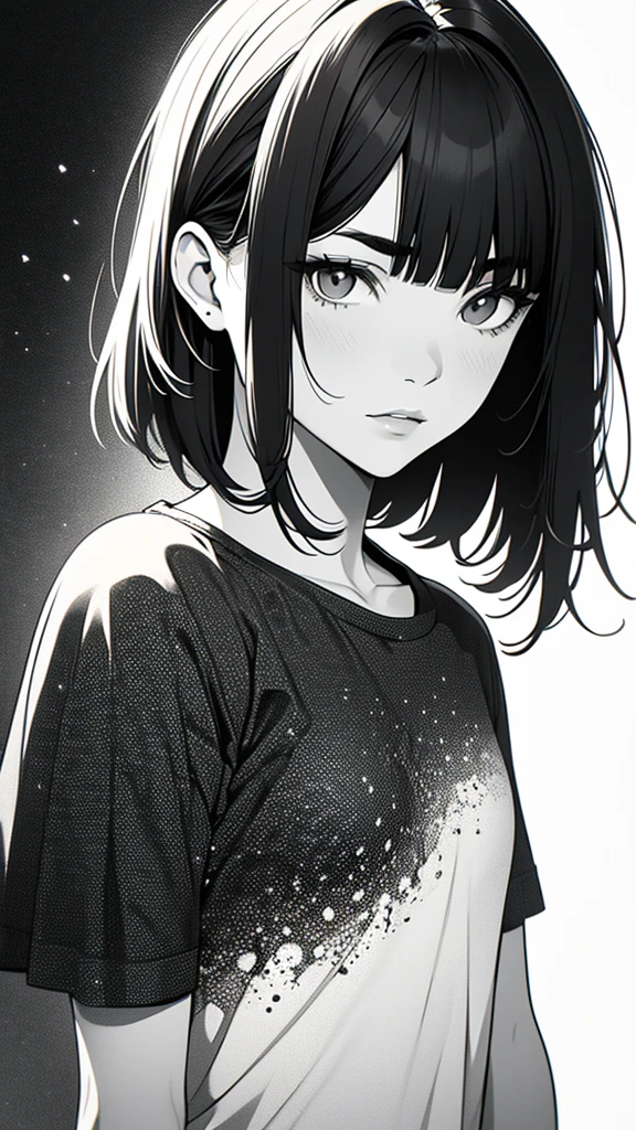 1 boyish girl, solo, sharp eyes, monochrome, greyscale, short black hair, portrait, white T-shirt, Thin eyebrows, closed mouth, looking at viewer, graphite \(medium\), detailed lips, hatching \(texture\), without makeup, bangs, upper body, (best illustration), (best quality), (very detailed), (masterpiece), expressionless,