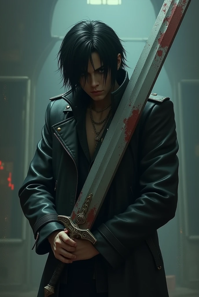 Emo male character from ps2 with black emo hairstyle similar to devil may cry 3 with big sword and playstation 1 graphics
