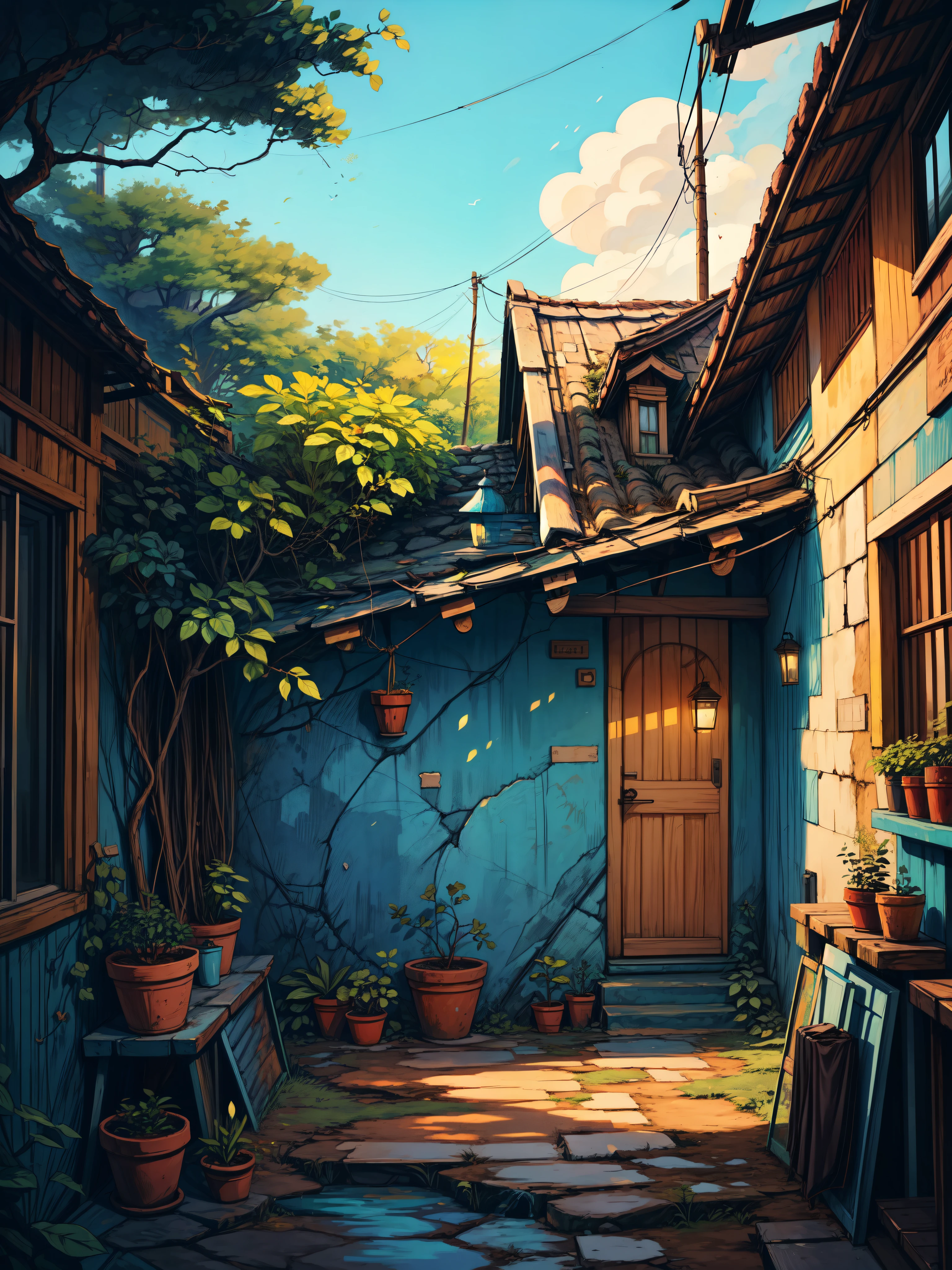 wide view, ghibli art scene, indian hut, cracked walls, blue faded paint, stairs, banyan tree outside, blue pinkish sky, evening time, earthy tones, clothes hanging on wire, windy, plant pots outside, old broken small gate, mud verandah, shed, cozy atmosphere, micro landscape, intrinsic details, masterpiece