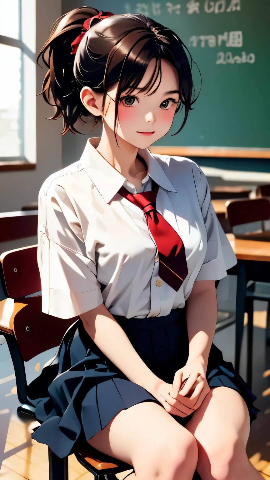(Tabletop, Highest quality:1.2), 8k, 1, 85mm, Official Art, RAW Photos, Absurd, White dress shirt, Cute Face, close, Upper Body, Viola Lace, Gardenia, beautiful girl, , (Navy Pleated Skirt:1.1), Squeeze the waist, Thighs, Short sleeve, classroom, ponytail、short hair、short hair、sit on bench seat, Looking at the audience, No makeup, (smile:0.4), Film Grain, chromatic aberration, Sharp focus, Face Light, Bright lighting, , Detailed face, Background Blur, (Dark red tie:1.1)、日本の学校のclassroom、classroom