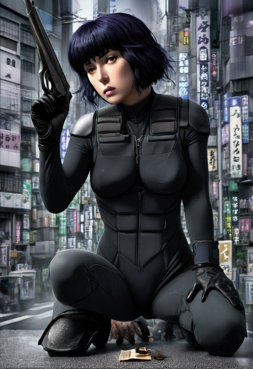 (masterpiece,Distinguished Quality,Mirror-like,Cinematic Experience,insanely detailed,absurdres),8k,wallpaper,,(Best illustrations:2.0),(One Woman:2.0),(Kitana:2.0),(Ghost in the Shell-style worldview:2.0),(Black tactical bodysuit:2.0),(Heavy black bulletproof vest:2.0),(Black gloves:2.0),(Short Bob:2.0),(Beautiful Eyes),(Detailed face),((updo hairstyle)),(Detailed female hand drawing:2.0),(sexy:2.0),(He kneels down and aims a pistol at me.:2.0),(Raise your right knee:2.0),(The background is Tokyo, where science and technology have developed.:2.0),(The background is drawn in monochrome:2.0),(sf:2.0)