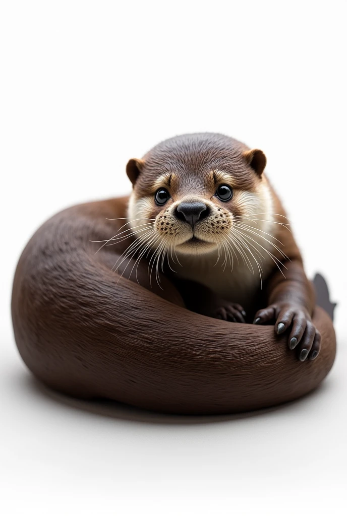 Large curled up otter looking at camera with white background