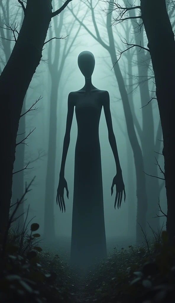 Slenderman,Hands pointing forward,3d,Real,Horrible atmosphere,In the dark forest