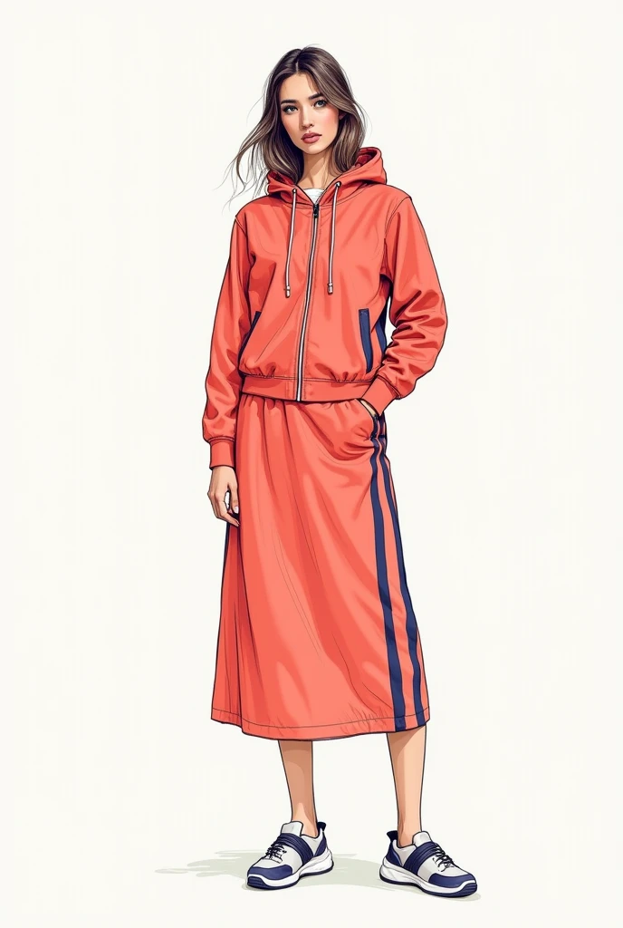 Make a detailed sketch that looks like it is hand drawn showing the front and back of an outfit with the following characteristics: Jacket: Design a short jacket with the following characteristics: Hooded sweatshirt: The jacket should include a hood to give it a relaxed and comfortable style.. Stretchy barbie screen: Use this soft material, fluid and breathable which is key to the theme of the collection. Details of striped backstrap loom: Add details made by artisans from Tolimán, Querétaro, to incorporate an artisanal and cultural touch. Skirt: Design a midi skirt with the following characteristics: side slits: It incorporates openings on the sides to add dynamism and movement to the garment.. High crossed waistband: The waistband should be high and crossed to provide greater compression and stylize the figure.. Color coral: Make sure the skirt is in a coral shade that follows the spring-summer 2025 trends. ADD SOME NAVY BLUE STRAIGHT STRIPES TO THE SIDES OF THE SKIRT Combination: Make sure the coral jacket and skirt complement each other., and that the handcrafted details on the jacket blend harmoniously with the modern design of the skirt.. A drawing of the front and another of the back.