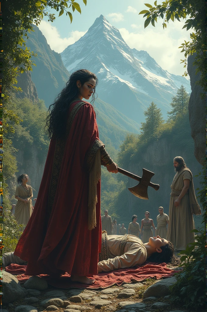 A woman kills the king with an ax. The king's body is lying in a pit in a garden with thirty other people beside him and a mountain behind.