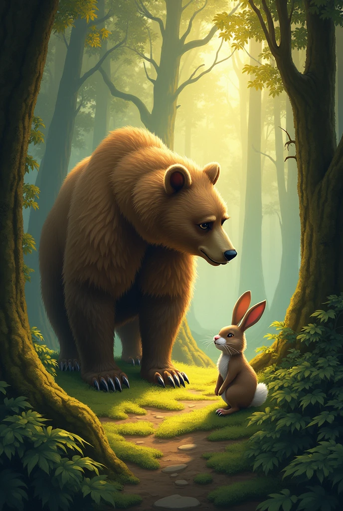 Create an image of a crying brown bear lost in the forest and a cartoon rabbit 
