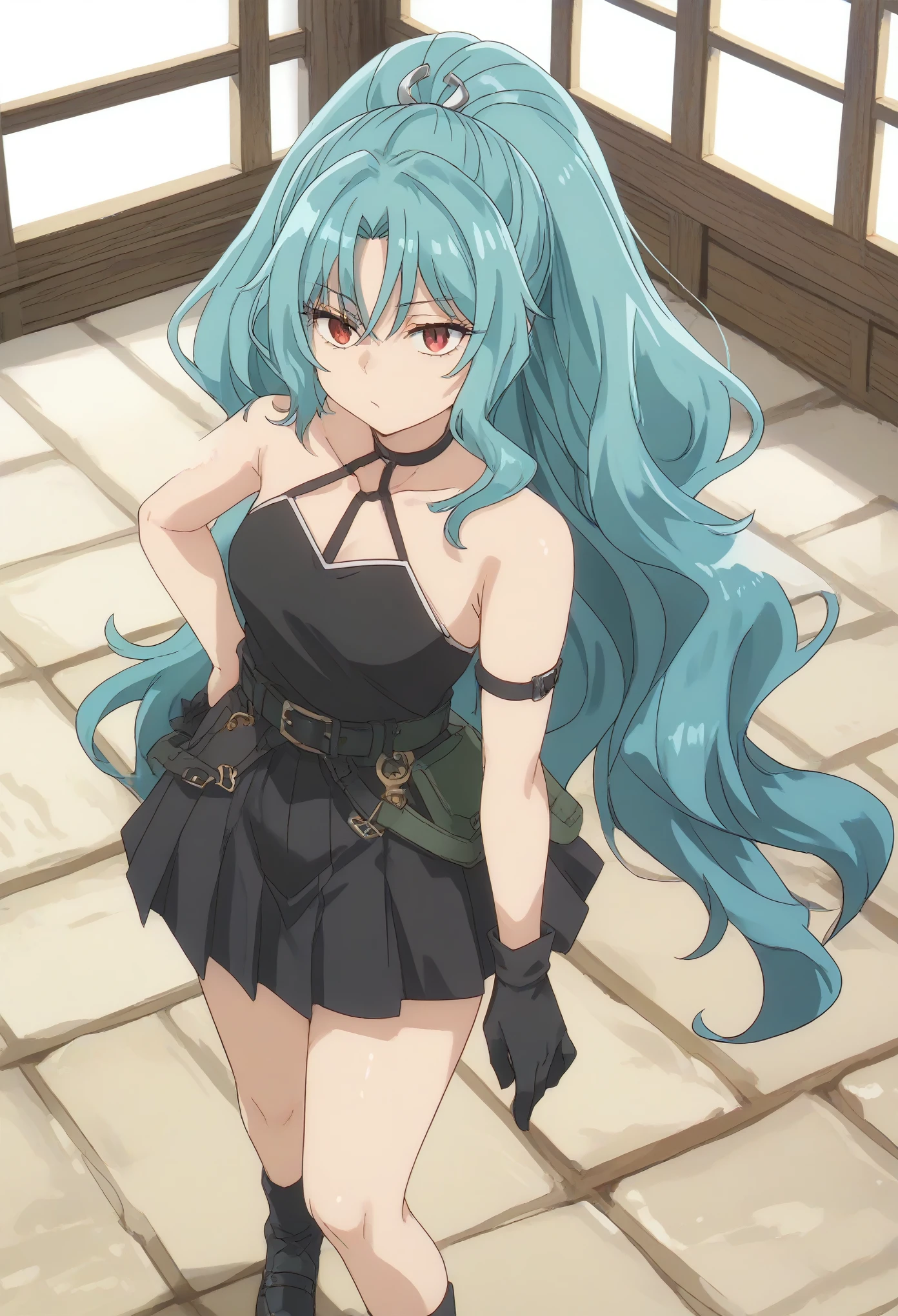 long hair aqua hair ponytail red eyes,slit pupils,medium breast,black choker, collarbone, sleeveless, black dress,sleeveless dress, halterneck,pleated skirt, black gloves,belt,black footwear,