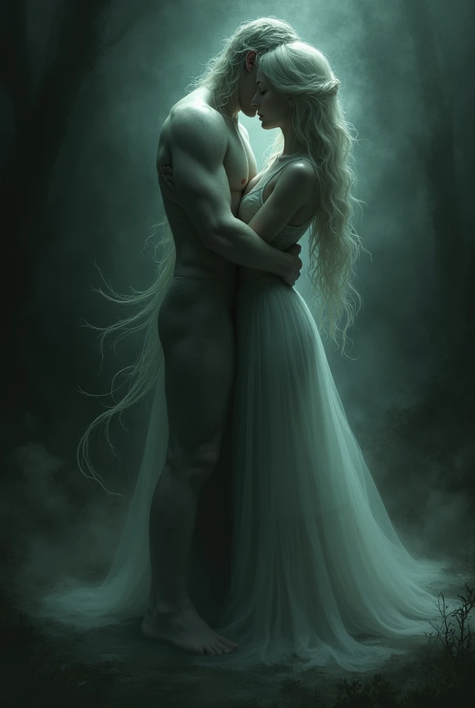 Create an image of two souls, a man and a woman in love, that is dark but represents the love suffered and loved.