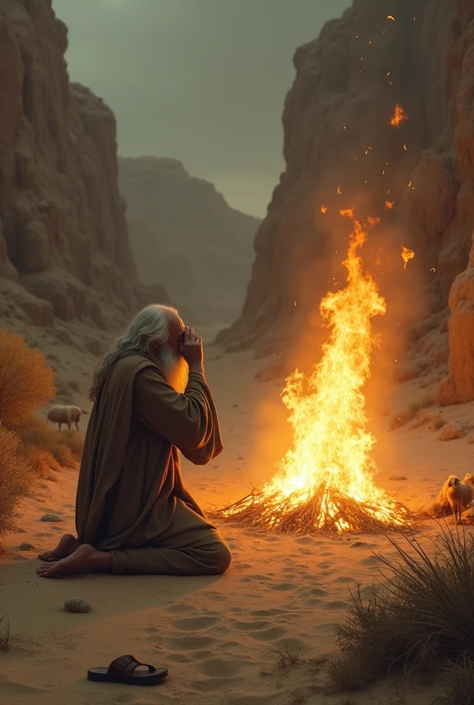 Moses, a biblical character, a man in the desert dressed as a shepherd, kneeling barefoot in front of a burning bush next to him, his sandals and his sheep, and he is covering his face out of fear. 