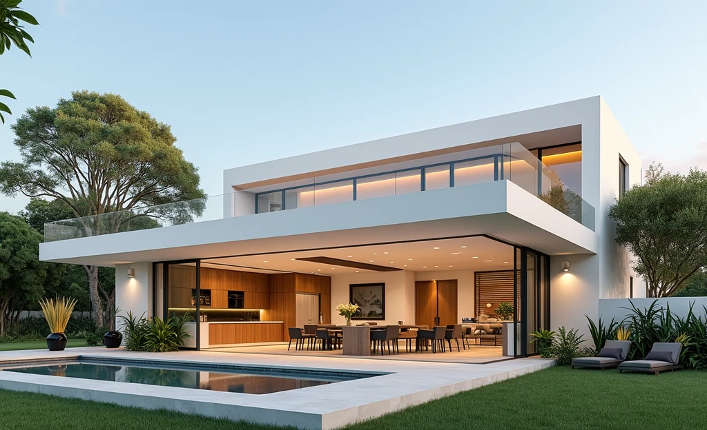 RAW photo,Masterpiece, high quality, best quality, realistic, super detailed, exterior, a modern style villa(Minimalist lines,Architecture: Using minimalist lines and shapes learn clearly.
Materials: Combination of glass, concrete, and natural wood.
Open space: The living room and kitchen are connected, using large glass doors to take advantage of natural light. Outdoor area: Small swimming pool and green garden with native plants. modern:1.2),(white wall:1.1), glass railings, glass windows, trees, grass , ((sunset)), sky, vivid colors, (high detail :1.2), 8k uhd, dslr, soft light, high quality, film grain, Fujifilm XT3Negative