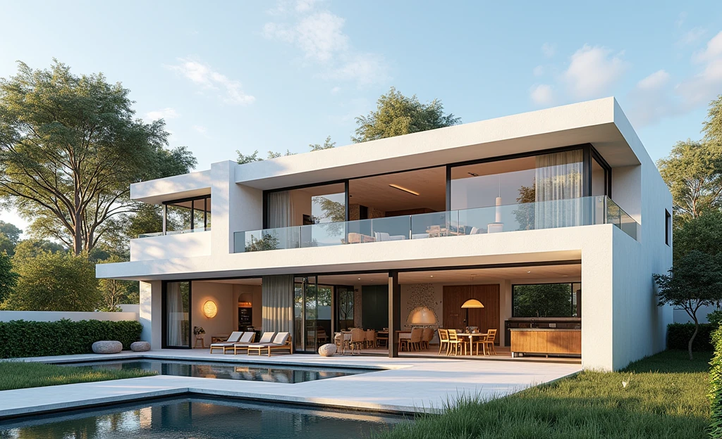 RAW photo,Masterpiece, high quality, best quality, realistic, super detailed, exterior, a modern style villa(Minimalist lines,Architecture: Using minimalist lines and shapes learn clearly.
Materials: Combination of glass, concrete, and natural wood.
Open space: The living room and kitchen are connected, using large glass doors to take advantage of natural light. Outdoor area: Small swimming pool and green garden with native plants. modern:1.2),(white wall:1.1), glass railings, glass windows, trees, grass , ((sunset)), sky, vivid colors, (high detail :1.2), 8k uhd, dslr, soft light, high quality, film grain, Fujifilm XT3Negative