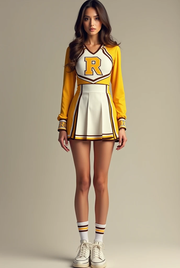 Make a cheerleader suit with gold and white colors longsleeve and not croptop with R symbol make it elegant and beautiful with white socks and gold and brown stripes on it