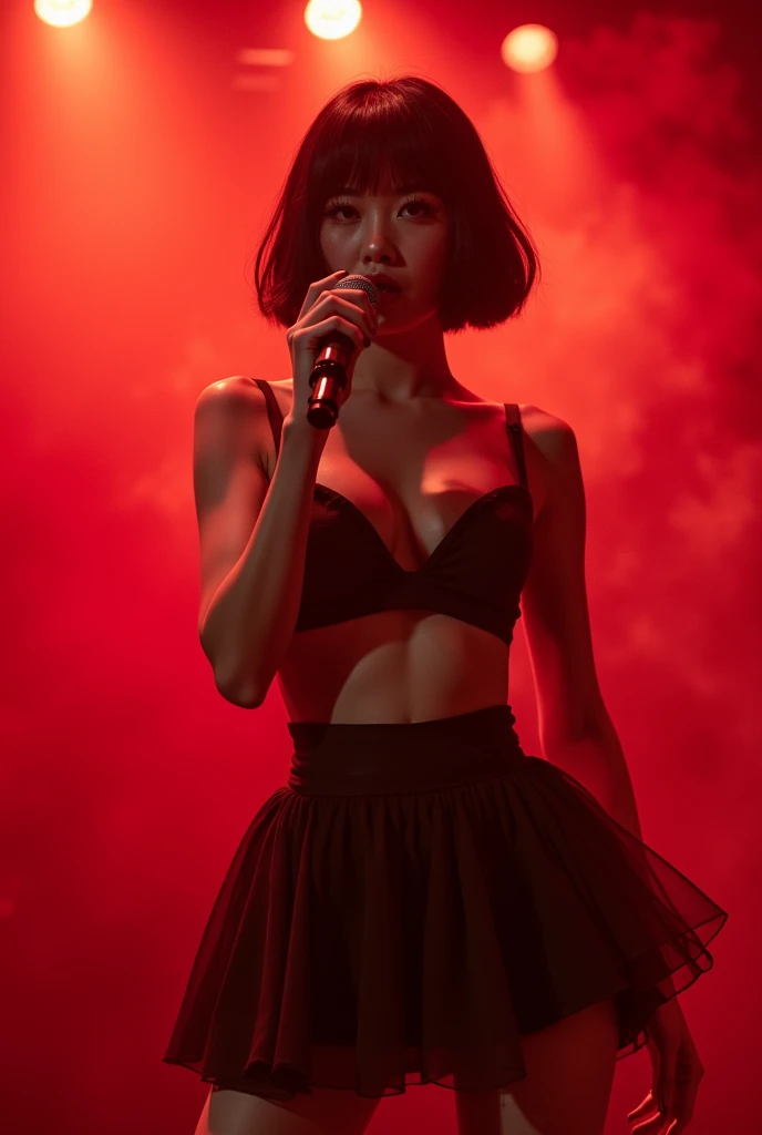 A cleavage big enough to hold a penis、Japanese women、Yui Aragaki、Female vocalist with short bob hair、Skirt flip、Solo artist、live house、Lots of stage smoke、Red lighting、Thick eyelashes、Extensions、Smoking、Holding a microphone on stage