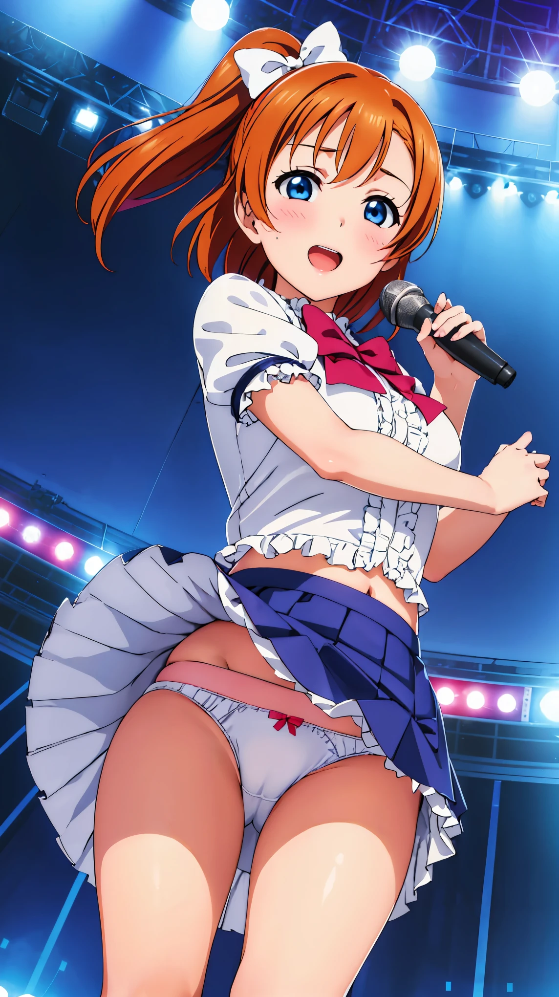 (((Pixel perfect, perfect detail))), (((Underskirt angle view, panties visible,))), solo, solo girl, Honoka Kosaka, (orange costume: 1.0), (lolita fashion: 1.0), viewer's point of view, embarrassed face, μ's, Love Live! stage, singing, (tuck skirt: 1.3), (white panties: 1.3), (panties with ribbon), (panties with many frills: 1.3), (fullback panties: 1.3), (low angle), blue eyes, orange hair, one side up hair, short hair, (spread legs: 1.0)