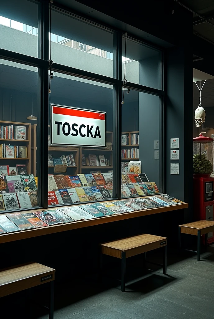 South Korean publishing showcase, sign with the word тоска, magazines books gazettes manhwas, Low lights, wide windows hyper realistic black walls, benches outside, gumball machine at the exit, a sign with a skull stuck to the window, more books in the background