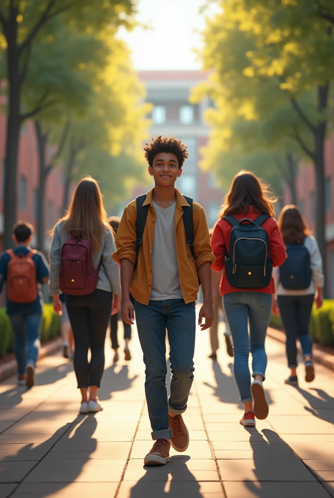 Humble student walking with classmates 