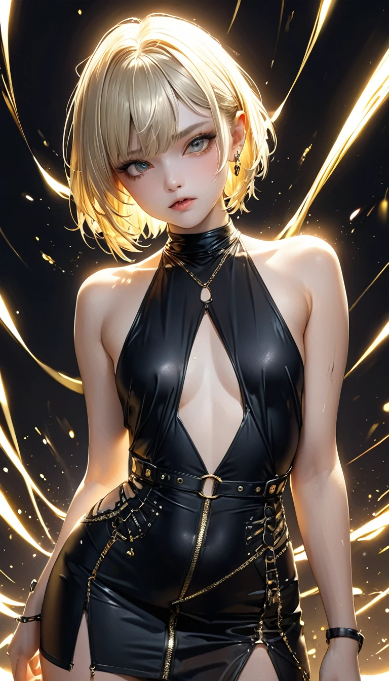 kawaii, cute boyish girl with very short messy boyish blonde hair, gold piercing gaze, glamorous proportions, wearing black slingshot-dress, background wide variety punks, (ultra detailed, absolutely resolution, best quality:1.3), 2.5D, delicate and dynamic effects, lighting effects, artistic, hyper, graphic CG digital art