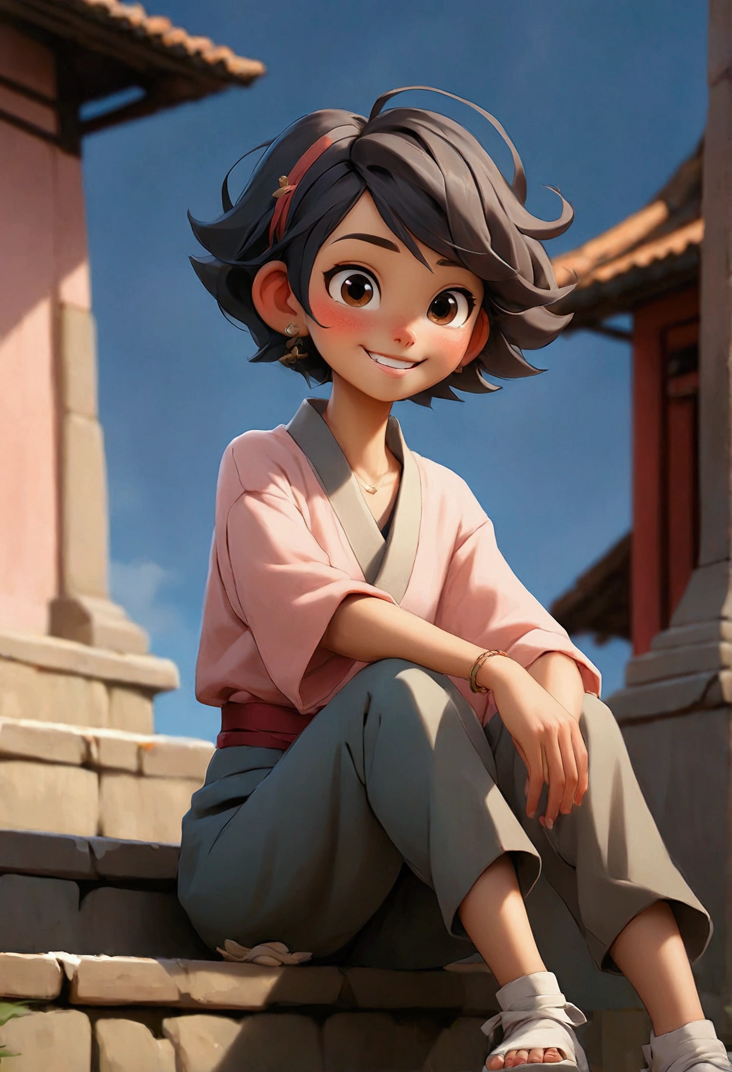 sayudef, Whole body, smile, blush, outdoor, day time, simple background, blue sky, short hair, sky, temple, Looking at the audience, sitting on the stairs, village, moody lights,
